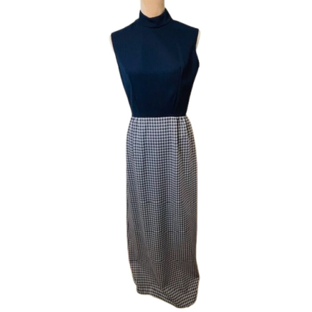 Vintage 70s Puritan Forever Young Blue Mod Gingham Sleeveless Maxi Dress Small